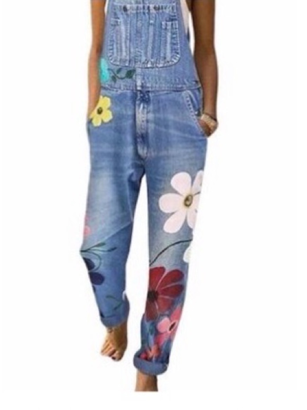 Denim Floral Overalls - Blue with Multi-Color Flower Appliqués